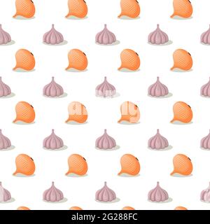 vector onion and garlic seamless pattern isolated on white back Stock Vector