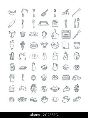 Home baking thin line icons set. Kitchen utensils for cooking sweet food. Ingredients for homemade bakery. Different pastry items. Sketchy doodle hand Stock Vector