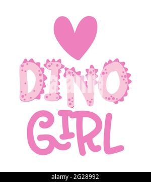 Dino Girl - funny hand drawn doodle, cartoon dinosaur text . Good for Poster or t-shirt textile graphic design. Vector hand drawn illustration. Dinosa Stock Vector