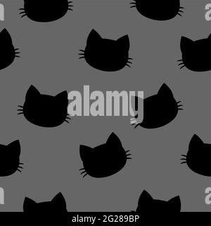Cute cat head wallpaper, black and gray - funny vector drawing seamless pattern. Lettering poster or t-shirt textile graphic design. Cute illustration Stock Vector