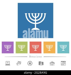 Menorah flat white icons in square backgrounds. 6 bonus icons included. Stock Vector