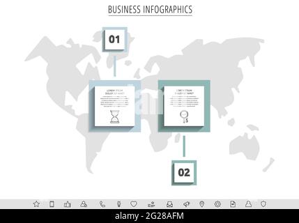 Minimal infographics with two square elements or rectangular frames. Modern visualization of 2-stepped business concept. Flat infographic design Stock Vector