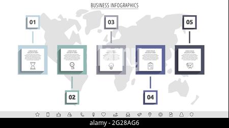 Minimal infographics with five square elements or rectangular frames. Modern visualization of 5-stepped business concept. Flat infographic design temp Stock Vector