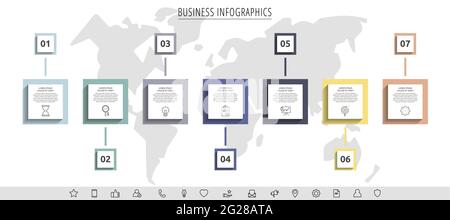 Minimal infographics with seven square elements or rectangular frames. Modern visualization of 7-stepped business concept. Flat infographic design Stock Vector