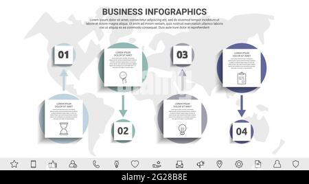 Minimal infographics with four square elements or circles. Modern visualization of 4 step by step timeline concept. Flat template for diagram, busines Stock Vector