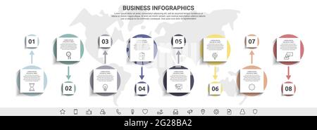 Minimal infographics with eight square elements or circles. Modern visualization of 8 step by step timeline concept. Flat template for diagram, presen Stock Vector