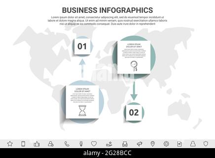 Minimal infographics with two square elements or circles. Modern visualization of 2 step by step timeline concept. Flat template for diagram, business Stock Vector
