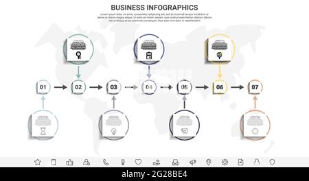 Minimal infographics with seven square elements or circles. Modern visualization of 7 step by step timeline concept. Flat template for diagram, banner Stock Vector