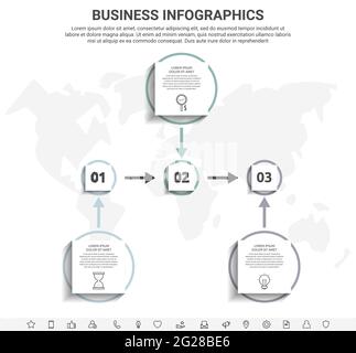 Minimal infographics with three square elements or circles. Modern visualization of 3 step by step timeline concept. Flat template for diagram Stock Vector
