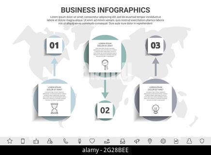 Minimal infographics with three square elements or circles. Modern visualization of 3 step by step timeline concept. Flat template for diagram Stock Vector