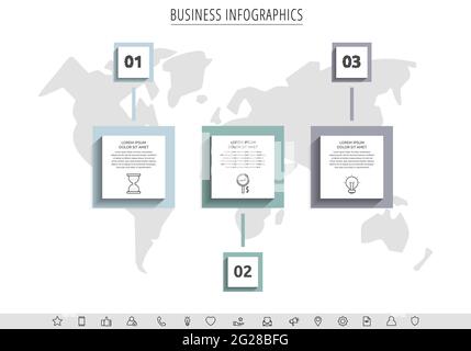 Minimal infographics with three square elements or rectangular frames. Modern visualization of 2-stepped business concept. Flat infographic design Stock Vector