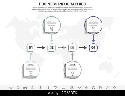 Minimal infographics with four square elements or circles. Modern visualization of 4 step by step timeline concept. Flat template for diagram, busines Stock Vector