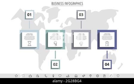 Minimal infographics with four square elements or rectangular frames. Modern visualization of 4-stepped business concept. Flat infographic design Stock Vector