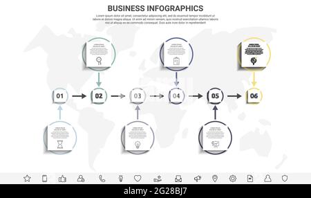 Minimal infographics with six square elements or circles. Modern visualization of 6 step by step timeline concept. Flat template for diagram, business Stock Vector