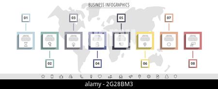 Minimal infographics with eight square elements or rectangular frames. Modern visualization of 8-stepped business concept. Flat infographic design Stock Vector