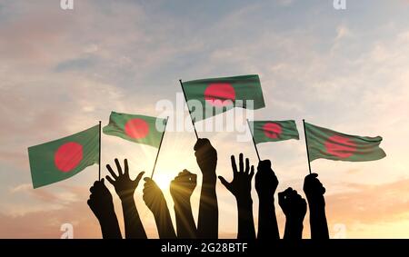 Silhouette of arms raised waving a Bangladesh flag with pride. 3D Rendering Stock Photo
