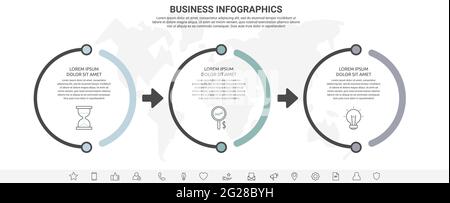 Vector line infographics template for 3 colorful arrows and circles. Business concept with three elements and icons. Modern blank space for chart Stock Vector