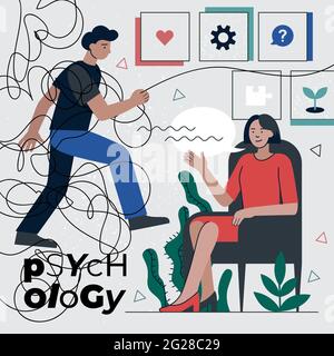 Psychotherapist counseling mental health problems man. Psychotherapy solution psychological disorder practice. Psychologist woman therapy session and patient with stress. Depression psychiatrist help Stock Vector