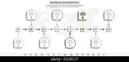 Minimal infographics with eight square elements or circles. Modern visualization of 8 step by step timeline concept. Flat template for diagram, presen Stock Vector