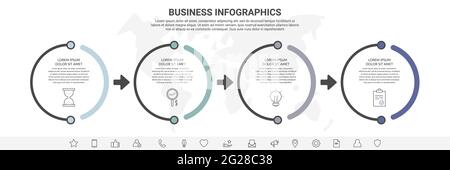 Vector infographics four circles with arrows. Line business concept of 4 steps, options. Infographic template for diagram, web, banner, presentations Stock Vector
