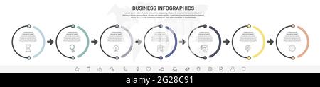 Vector infographics seven circles with arrows. Line business concept of 7 steps, options. Infographic template for diagram, web, banner, presentations Stock Vector