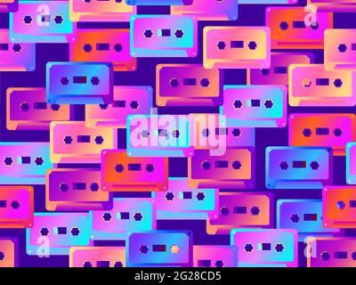 Cassette tapes seamless pattern. Gradient music cassettes for music tape recorders of the 70s - 90s. Design for promotional items, banners and wrappin Stock Vector