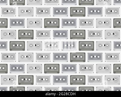 Audio cassettes black and white seamless pattern. Music cassettes for music tape recorders of the 70s - 90s. Design for promotional items, banners and Stock Vector