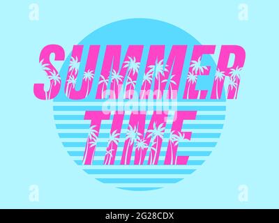 Summer time. Text with palm trees on a sunset. 80s retro design for banner, poster and party invitations. Vector illustration Stock Vector