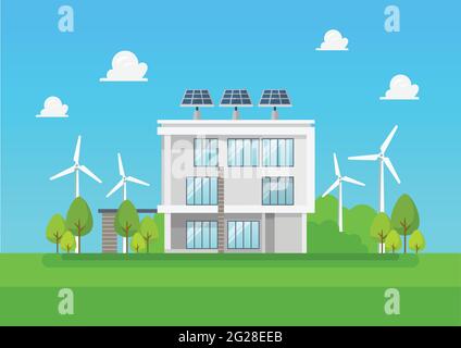 Eco friendly modern house. Green energy Solar and wind power. Vector illustration Stock Vector