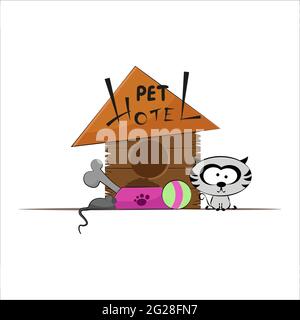 Pet hotel illustration with cat, food and ball. Stock Vector