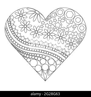 Heart filled with flowers and patterns, vector. Intricate freehand drawing in ethnic oriental style. Graphic illustration of a heart. Black lines patt Stock Vector