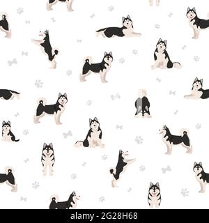 Alaskan malamute all colours seamless pattern. Different coat colors and poses set.  Vector illustration Stock Vector