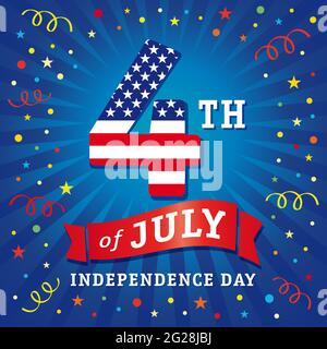 Happy Independence Day USA square banner. Isolated abstract graphic design template. Red, blue, white colors. Calligraphic lettering. Decorative numbe Stock Vector