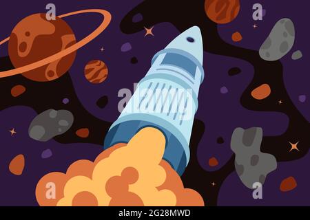 Rocket exploring flies outer space. Galaxy exploration or travel banner. Spaceship flight in universe across stars and planets. Exoplanet search, disc Stock Vector