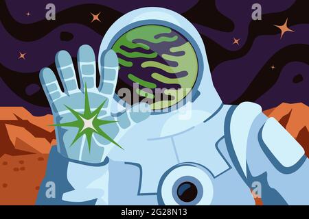 Astronaut landed and gloved hand greeting on planet surface. Cosmonaut spacesuit helmet reflection exoplanet landscape. Space exploration and coloniza Stock Vector