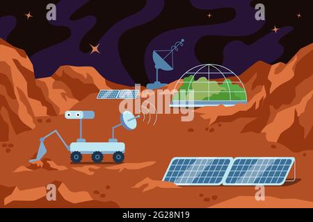 Red planet colonization human space base. Science station on Mars landscape with dome building, mountains and stars in sky. Station in galaxy in universe. Colonizers explore exoplanet soil exploration Stock Vector