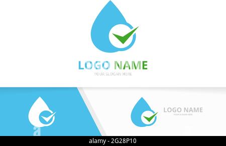 Water drop and check mark logo combination. Unique oil and tick logotype design template. Stock Vector