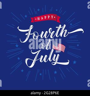 Fourth of July vector hand inscription for greeting card or banner. Happy Independence Day of United States of America calligraphic lettering blue bac Stock Vector