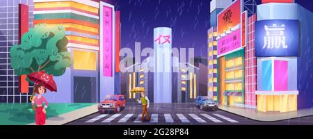 Rain in night city. Pedestrians with umbrellas crossing road. People at crosswalk with cars. Cartoon street illuminated showcases lights in wet, rainy weather. Cityscape with glowing windows of shops. Stock Vector