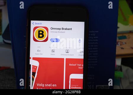 New York, USA - 1 June 2021: Omroep Brabant mobile app logo on phone screen, close-up icon, Illustrative Editorial Stock Photo