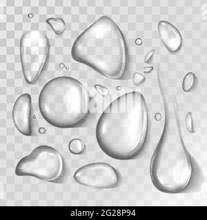 Vector realistic set of liquid droplet different shapes. Pure aqua flows, clear water dew or condensation on cool glass surface. Fresh water drops isolated on transparent background. Stock Vector