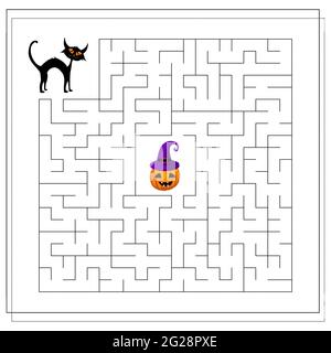 game for kids go through the maze, black cat, Halloween. vector isolated on white background. Stock Vector