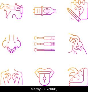 Tattoo and piercing instruments gradient linear vector icons set Stock Vector