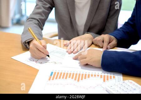 young consultant analyzing data with her client Stock Photo