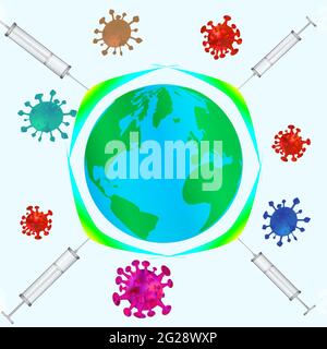 The concept of prevention and protection against viruses of the planet and the world through vaccination and the acquisition of universal immunity. Stock Vector