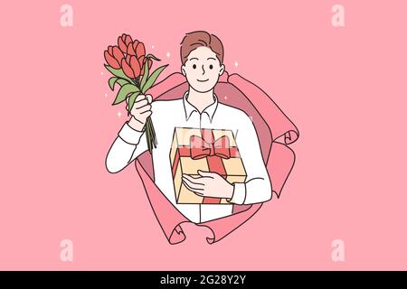 Saint Valentines Day celebration concept. Young smiling handsome man cartoon character standing looking from pink damaged paper holding flowers and gift box in hands vector illustration  Stock Vector