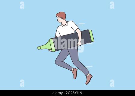 Aiming business goals and time management concept. Young positive businessman cartoon character running and holding huge green marker in hands vector illustration  Stock Vector