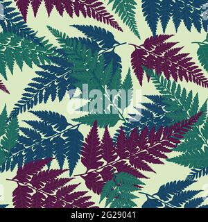 Seamless decorative pattern with vivid green, blue and purple tropical forest fern leaves isolated on light green background. Vector eps10 background Stock Vector