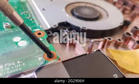 Closeup on a laptop cooler. Maintenance and prevention of the laptop cooling system. Electronic device repair concept. Dust and dirt on the computer f Stock Photo