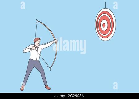 Business success and achievement concept. Young smiling positive businessman cartoon character standing and using crossbow to reach goal vector illustration  Stock Vector
